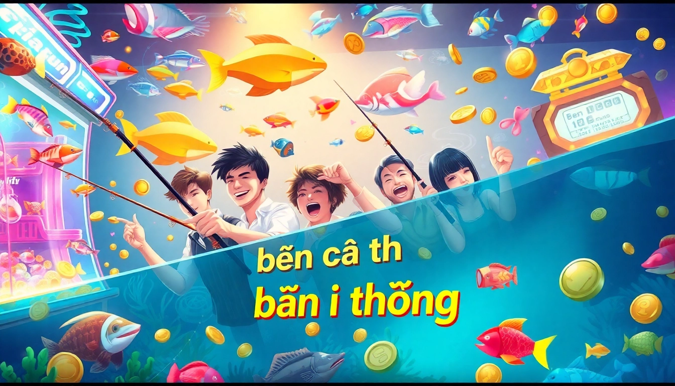 Bắn cá đổi thưởng: Thrilling underwater scene of players aiming at vibrant fish and treasure.