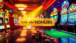Experience the excitement of online gambling with the vibrant scene featuring "Link vào NOHU90" as the focal point of a lively digital casino.
