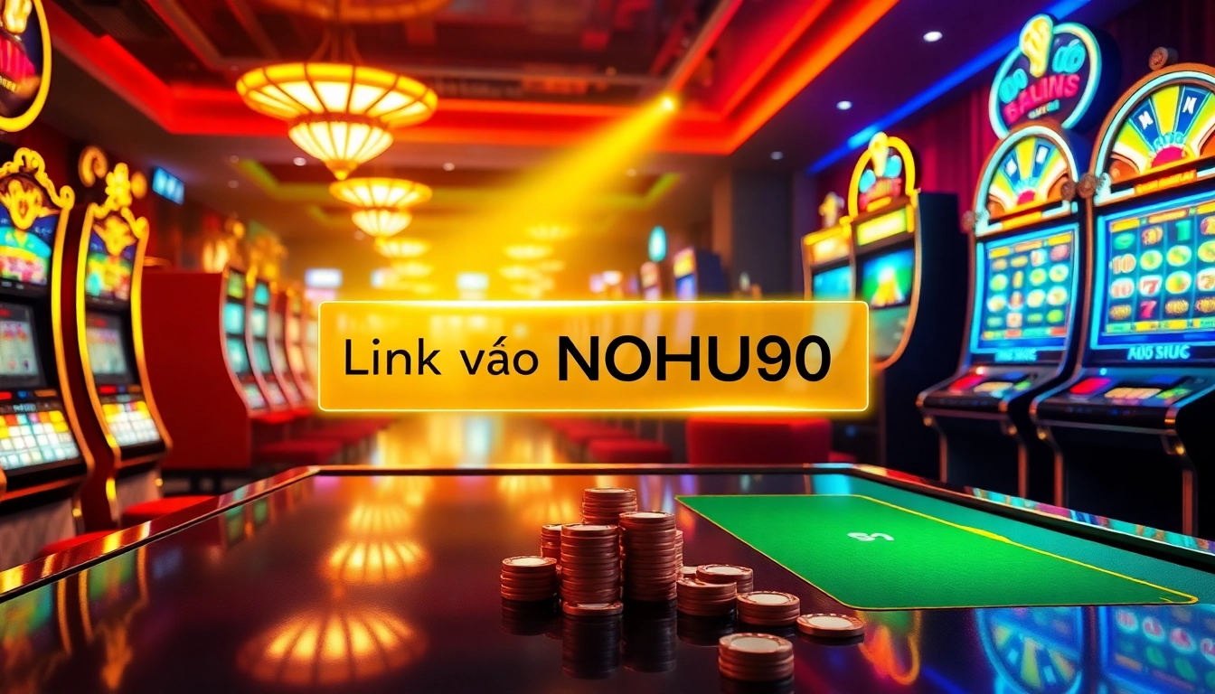 Experience the excitement of online gambling with the vibrant scene featuring "Link vào NOHU90" as the focal point of a lively digital casino.