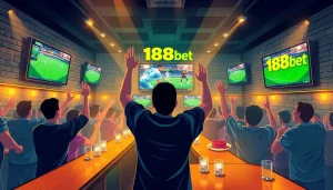 Exciting sports betting scene with 188bet branding in a lively sports bar.