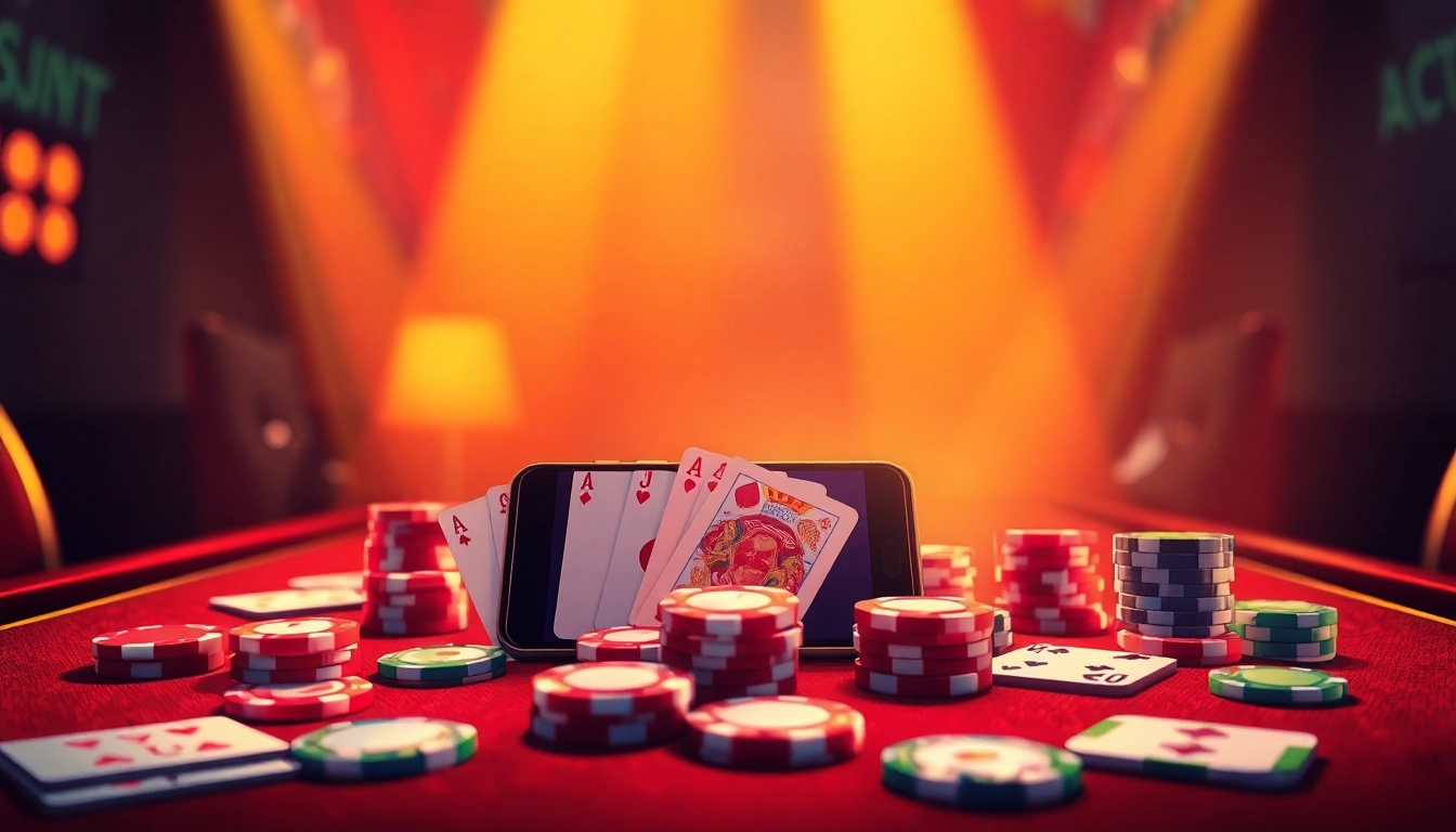 Experience the thrill of the top game bài đổi thưởng with a vibrant digital gaming table featuring cards and chips.
