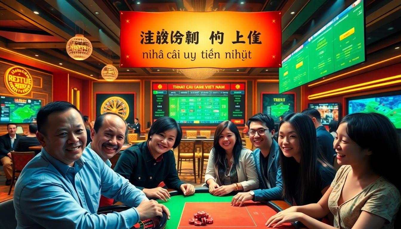 Explore the lively atmosphere of a casino showcasing nhà cái uy tín nhất through diverse players at gaming tables.
