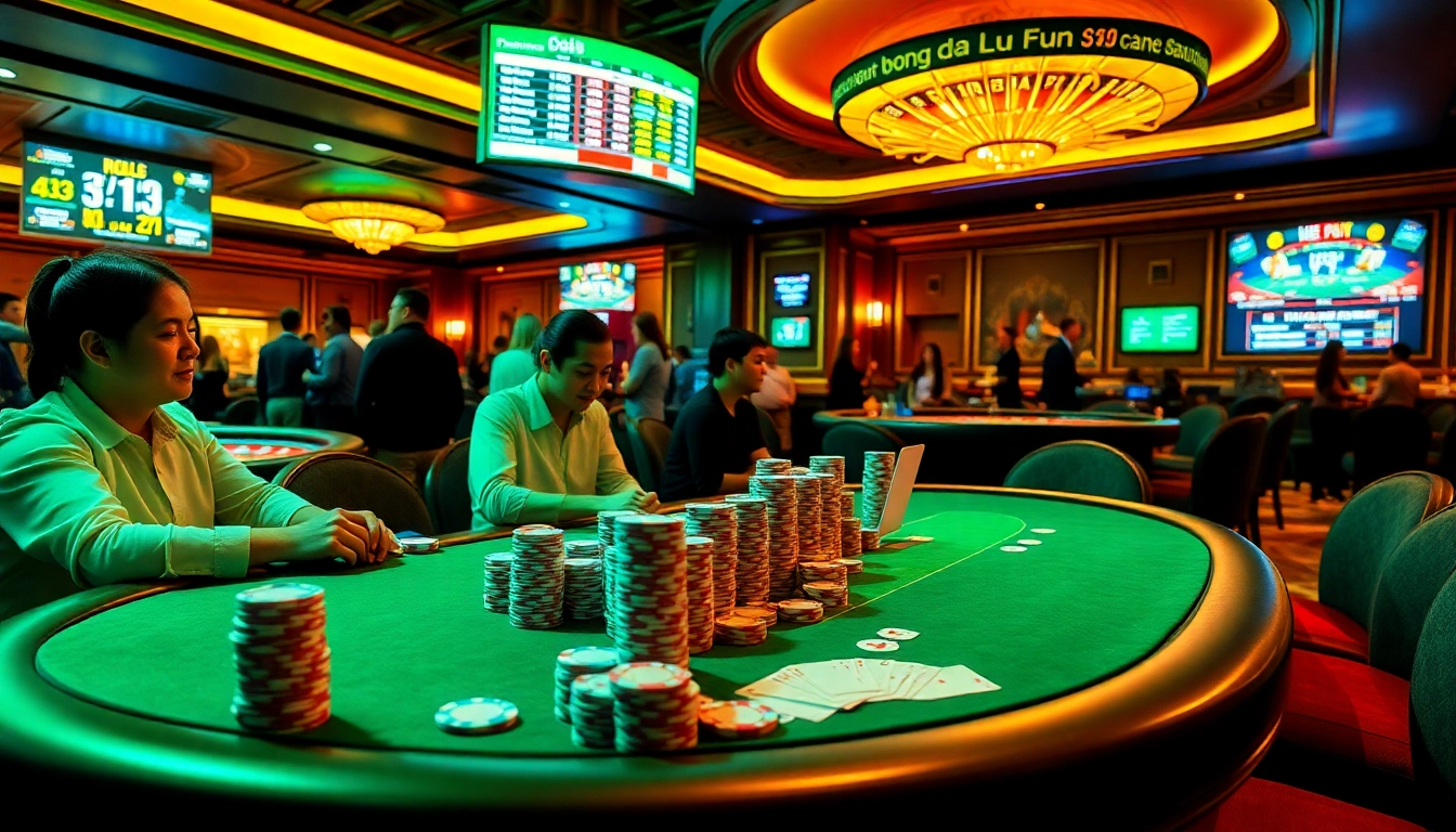 Experience the thrill of gambling as fans enjoy live betting on bong da lu fun, surrounded by poker chips and lively excitement.