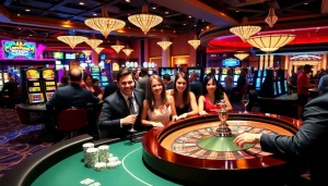 Exciting casino scene with players enjoying games at nhà cái rr88, featuring roulette and slot machines.