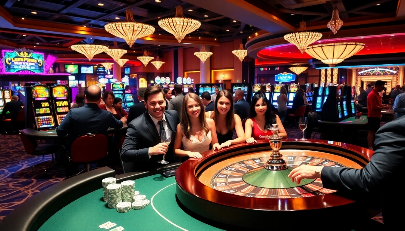 Exciting casino scene with players enjoying games at nhà cái rr88, featuring roulette and slot machines.