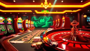 The cổng 68 game bài offers thrilling gameplay with poker chips and a vibrant roulette table setting.