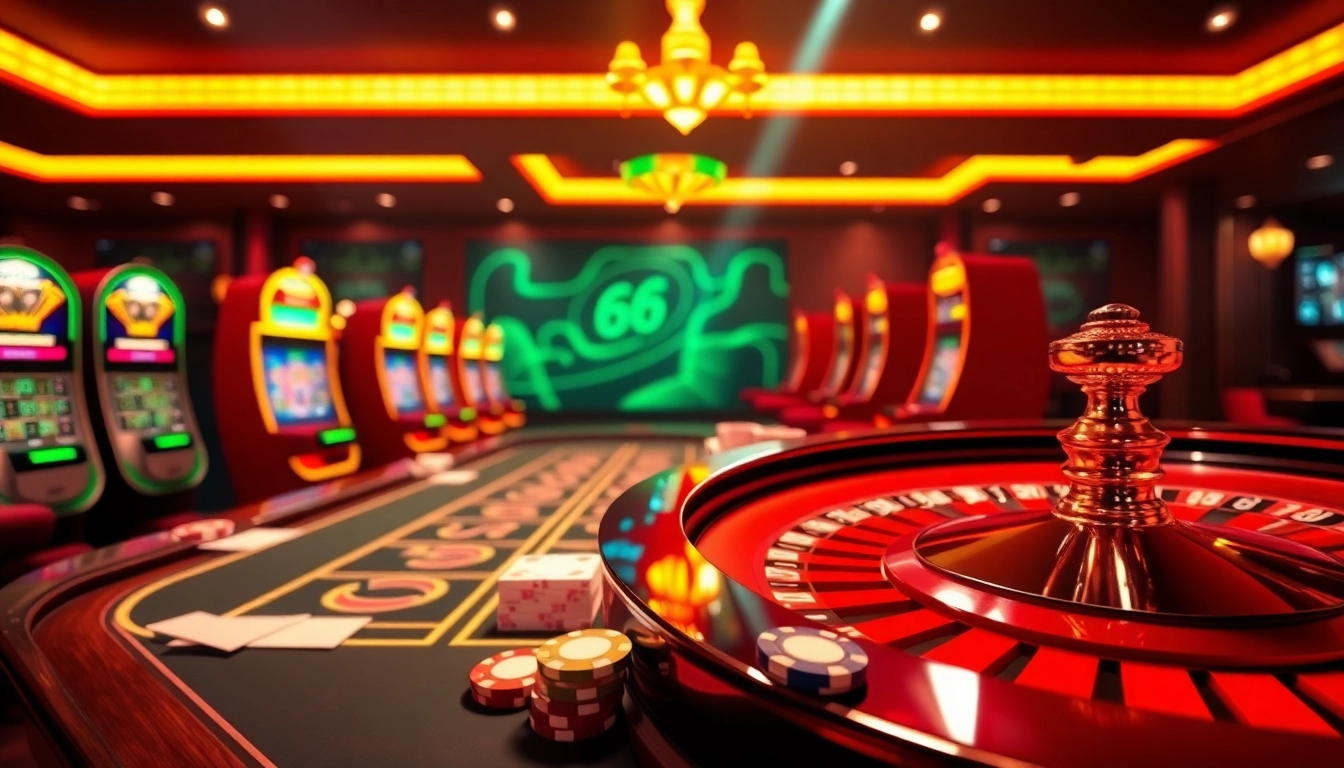 The cổng 68 game bài offers thrilling gameplay with poker chips and a vibrant roulette table setting.