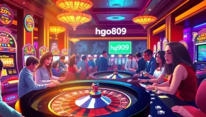 Players enjoying the thrilling hgo909 casino experience with vibrant slot machines and a roulette table in action.
