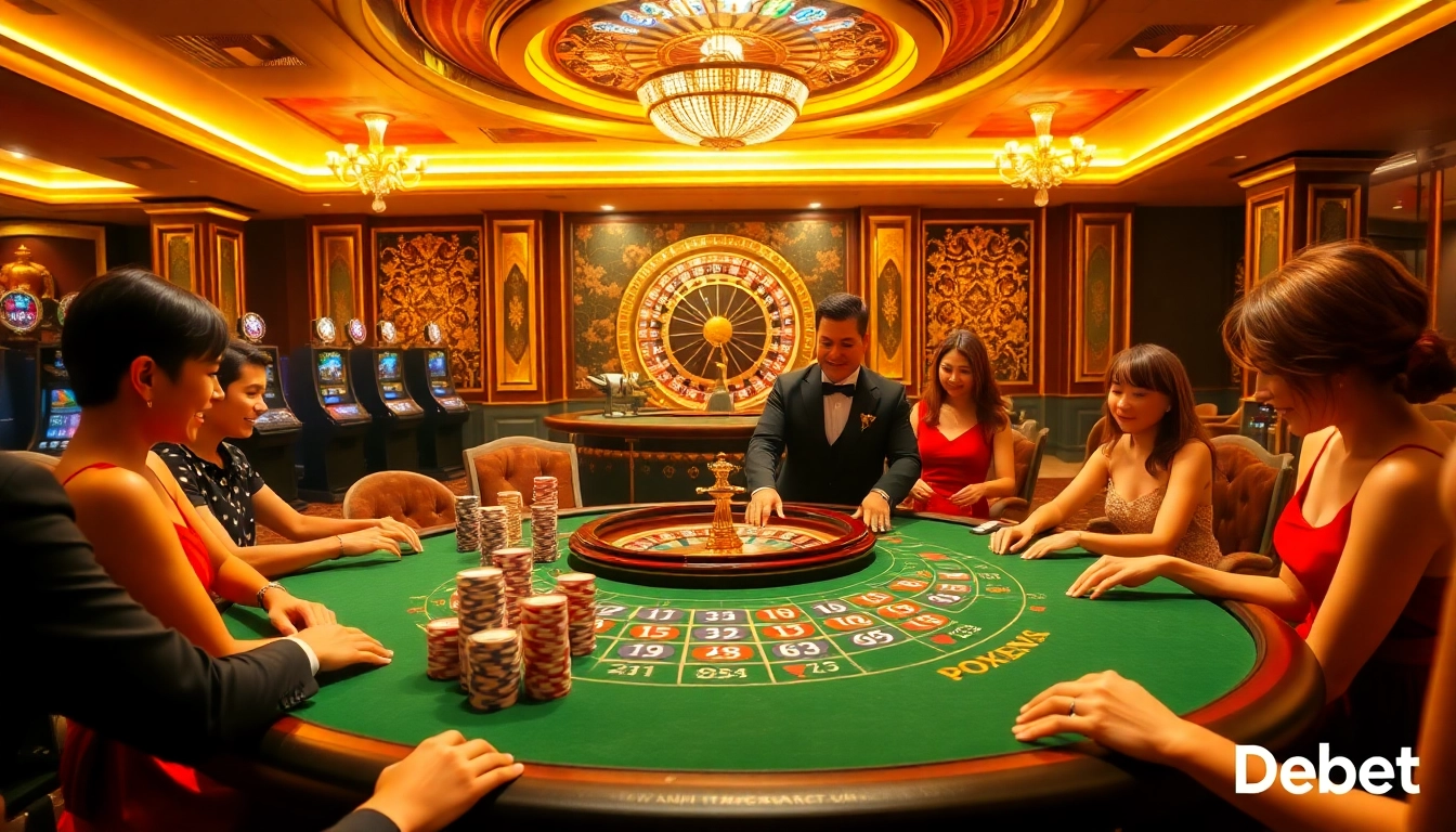 Players enjoying blackjack at a luxurious casino table, showcasing nhà cái Debet gaming excitement.