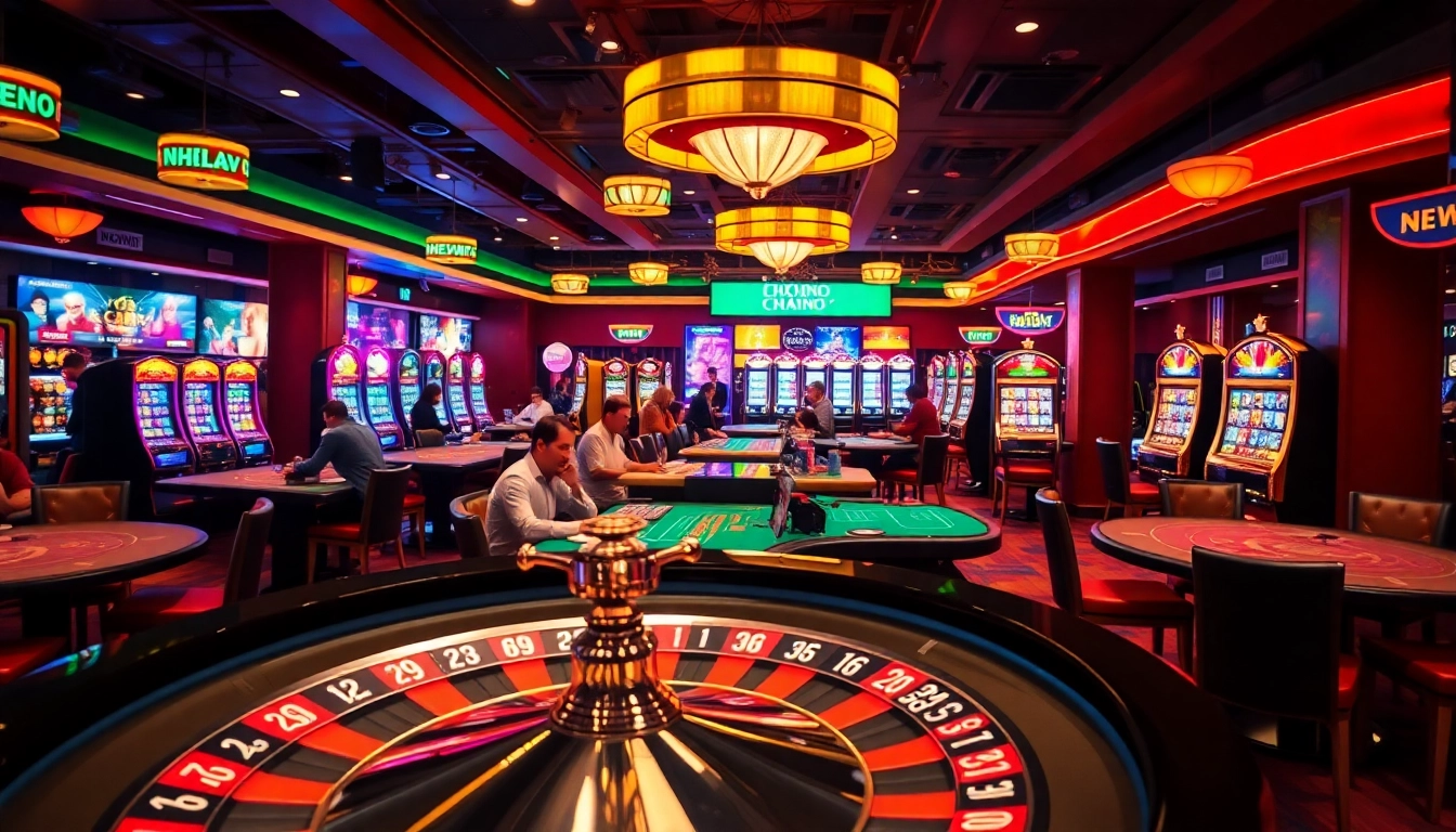 Dynamic casino action with gamblers, emphasizing Nhà cái uy tín in a vibrant setting filled with cards, chips, and roulette wheels.