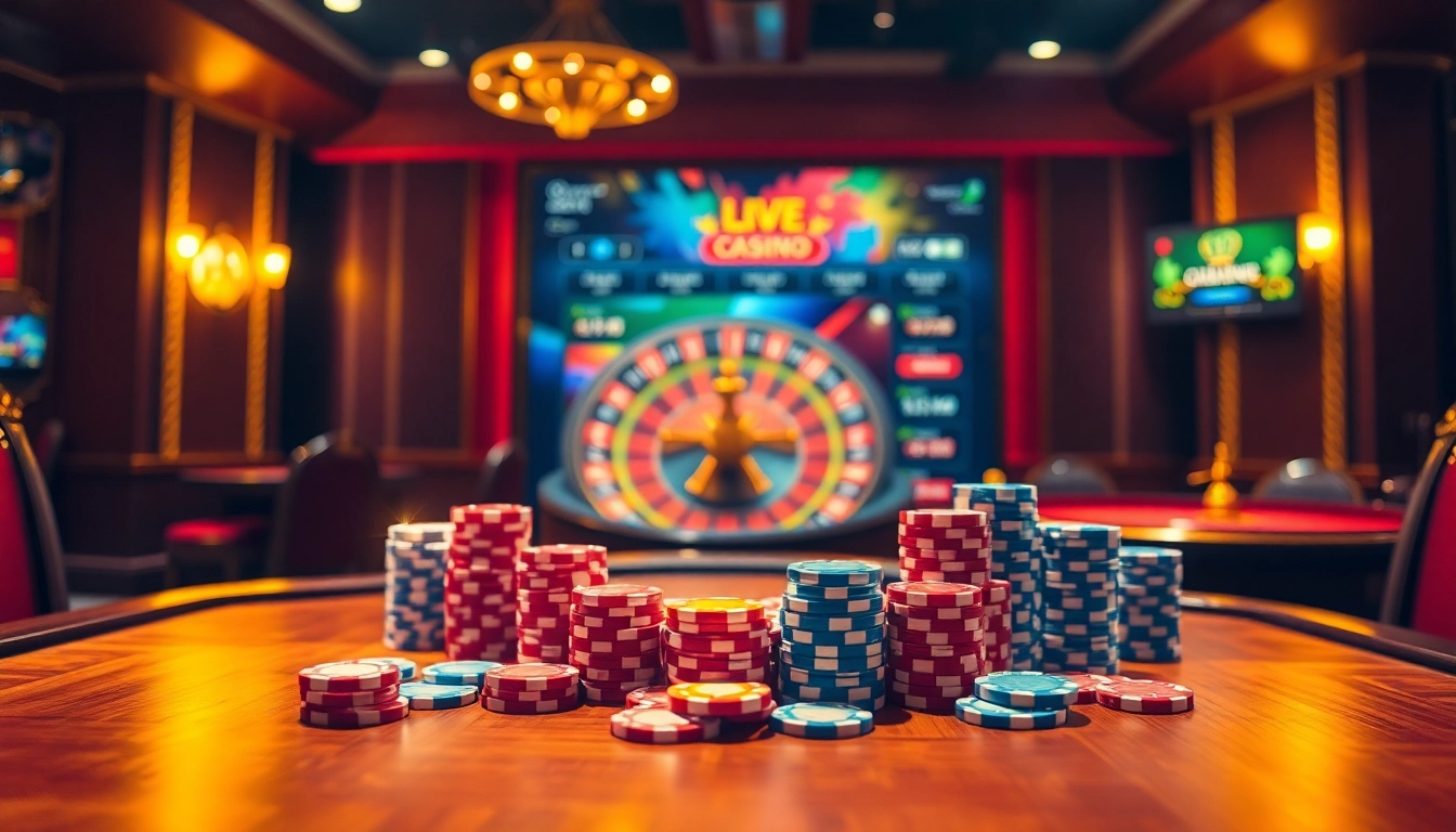 Experience the thrill of game bài đổi thưởng with vibrant poker tables and spinning roulette wheels in a luxurious online casino setting.