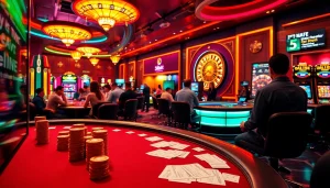Exciting poker game and slot machines showcasing entertainment from https://shbet.cruises/ with vibrant casino elements.