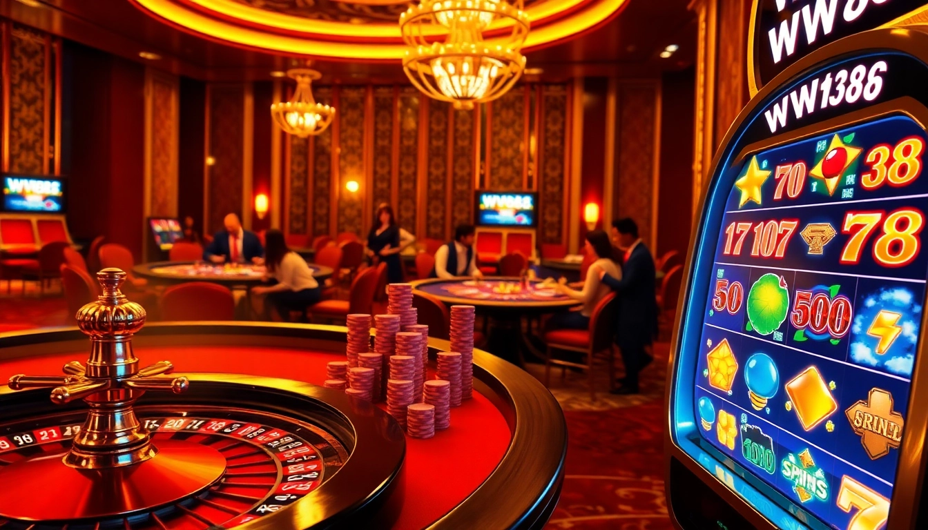 WW88 casino atmosphere with players enjoying roulette and poker in a vibrant environment.