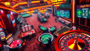Experience the thrill of bong da lu fun in a vibrant casino setting with engaging players at colorful tables.