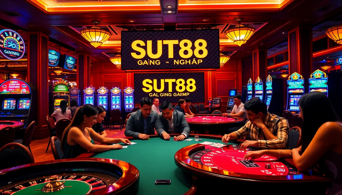 SUT88 ĐĂNG NHẬP as players engage in an exciting poker game surrounded by luxurious casino elements, showcasing the vibrant atmosphere of gambling.