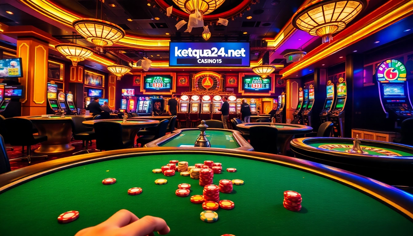 Experience the excitement of ketqua24.net at a dynamic casino scene with poker tables, chips, and vibrant lights.