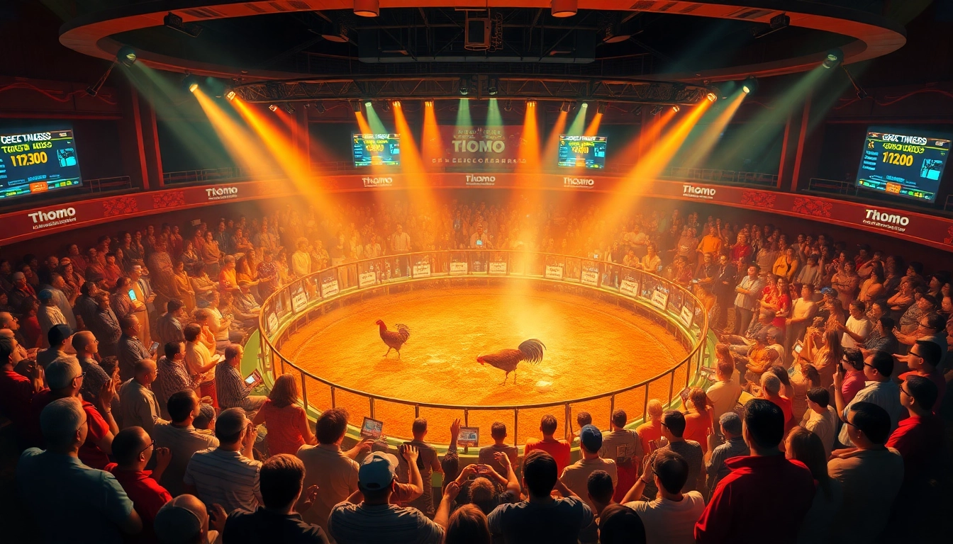 Exciting action at the xem đá gà thomo cockfighting arena, showcasing thrilling betting moments and vibrant crowd engagement.
