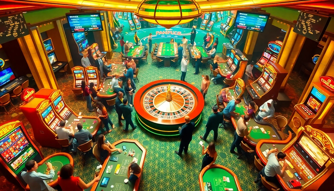 Supertkb88 casino scene with players enjoying blackjack and slot machines.